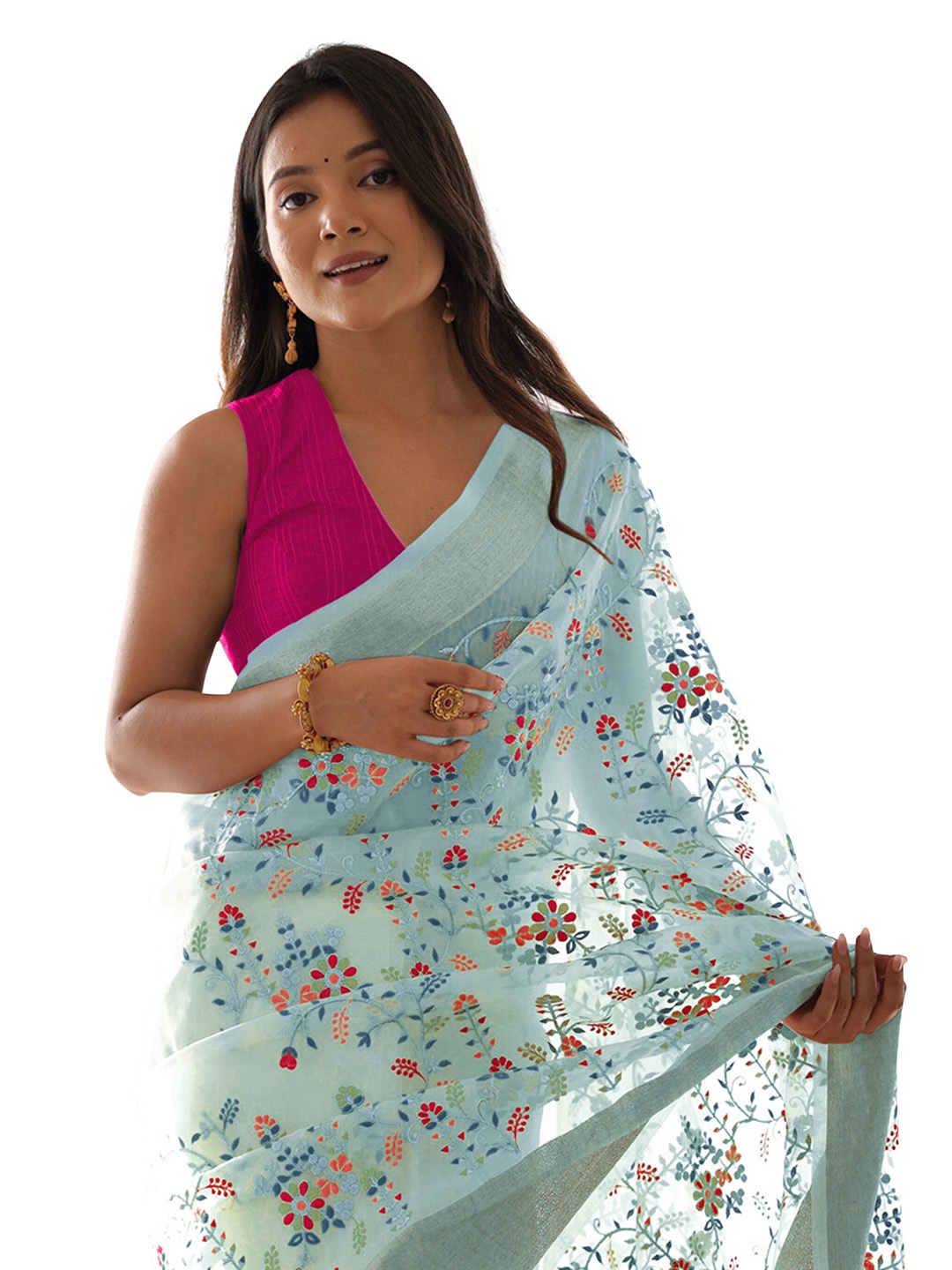 

Saree mall Floral Embroidered Organza Saree, Blue