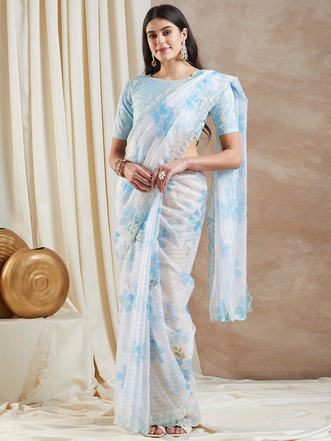 

Saree mall Floral Embellished Organza Sarees, Blue