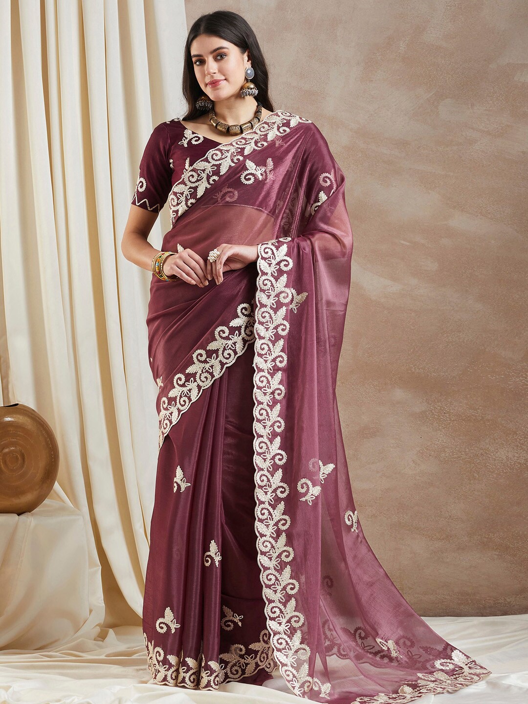 

Saree mall Ethnic Motifs Embroidered Organza Saree, Burgundy
