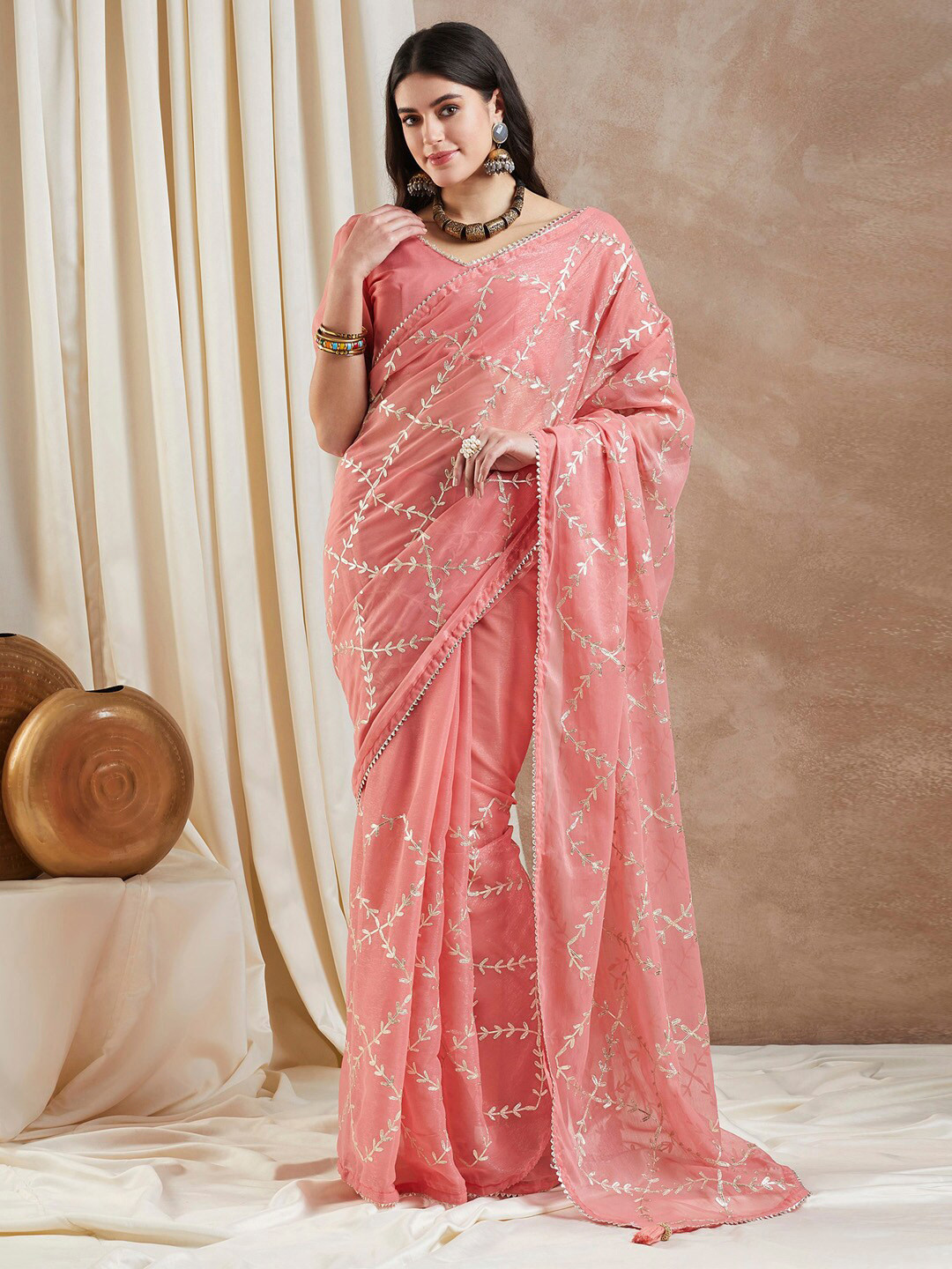 

Saree mall Embroidered Georgette Party Wear Saree, Peach