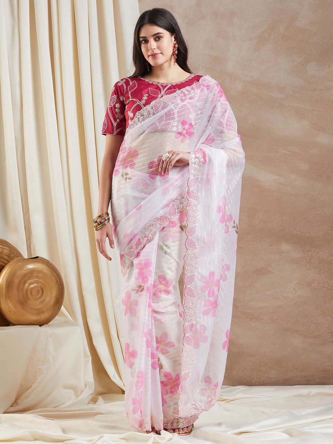 Saree mall Pink Floral Sequinned Embellished Organza Saree