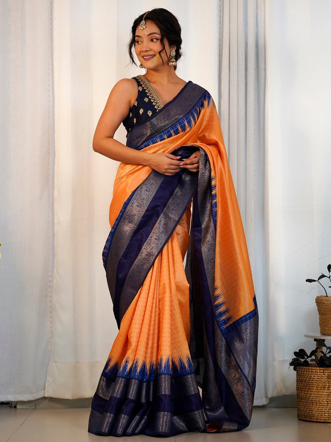 Saree mall Orange Checked Ethnic Woven Design Saree With Tassels