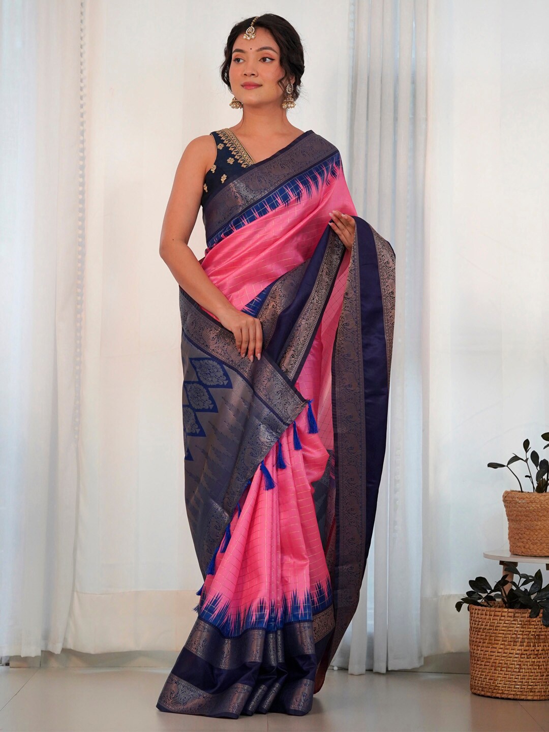 

Saree mall Pink Checked Woven Design Zari Saree With Tassels