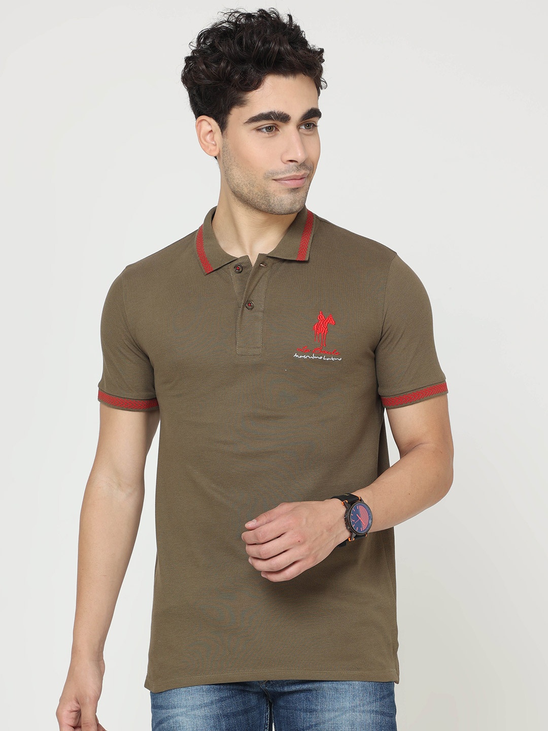 

Masculino Latino Plus Polo Collar Cotton Bio Finish T-shirt, Olive