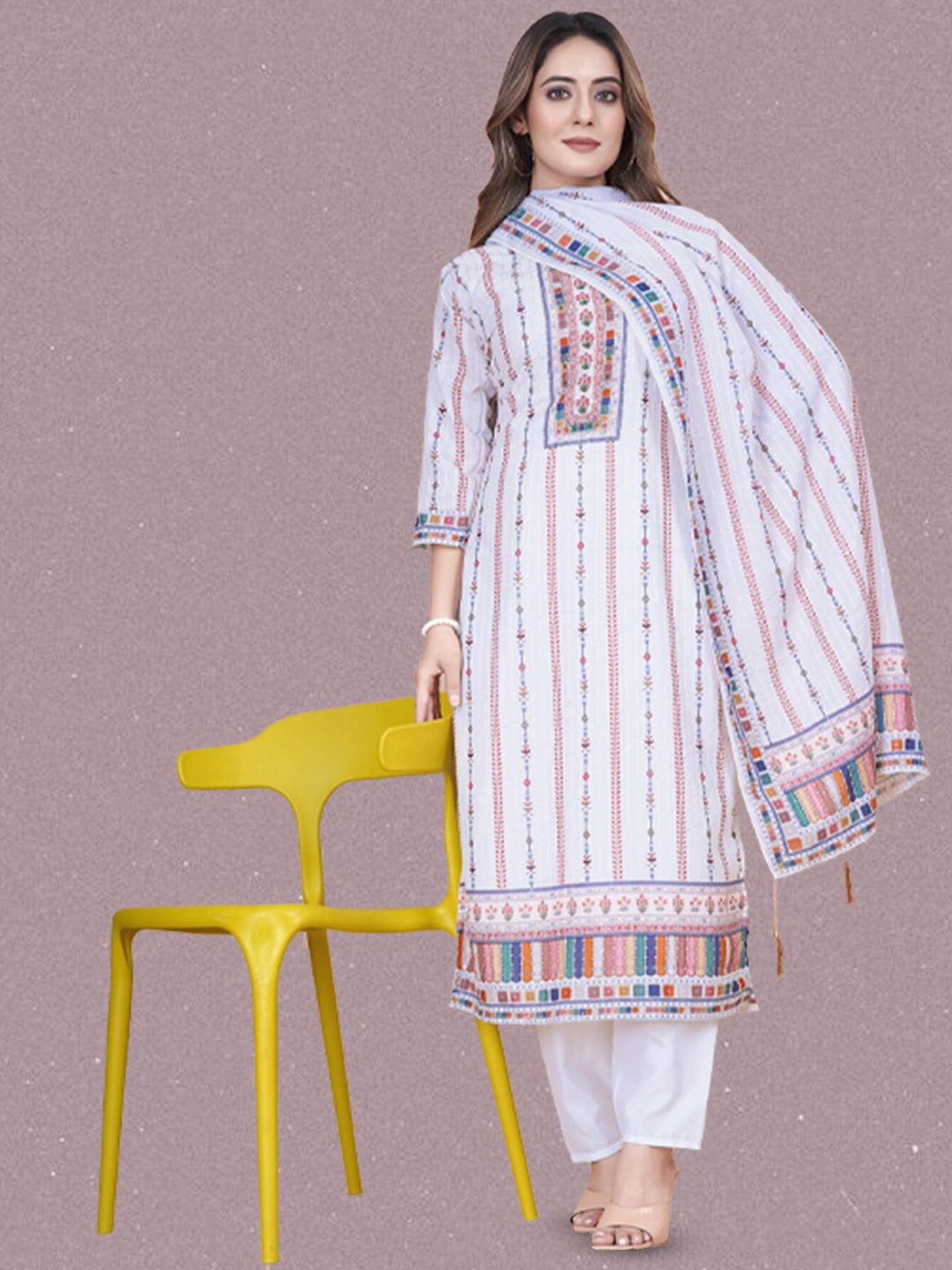 N N ENTERPRISE Embroidered Straight Kurta Set, White