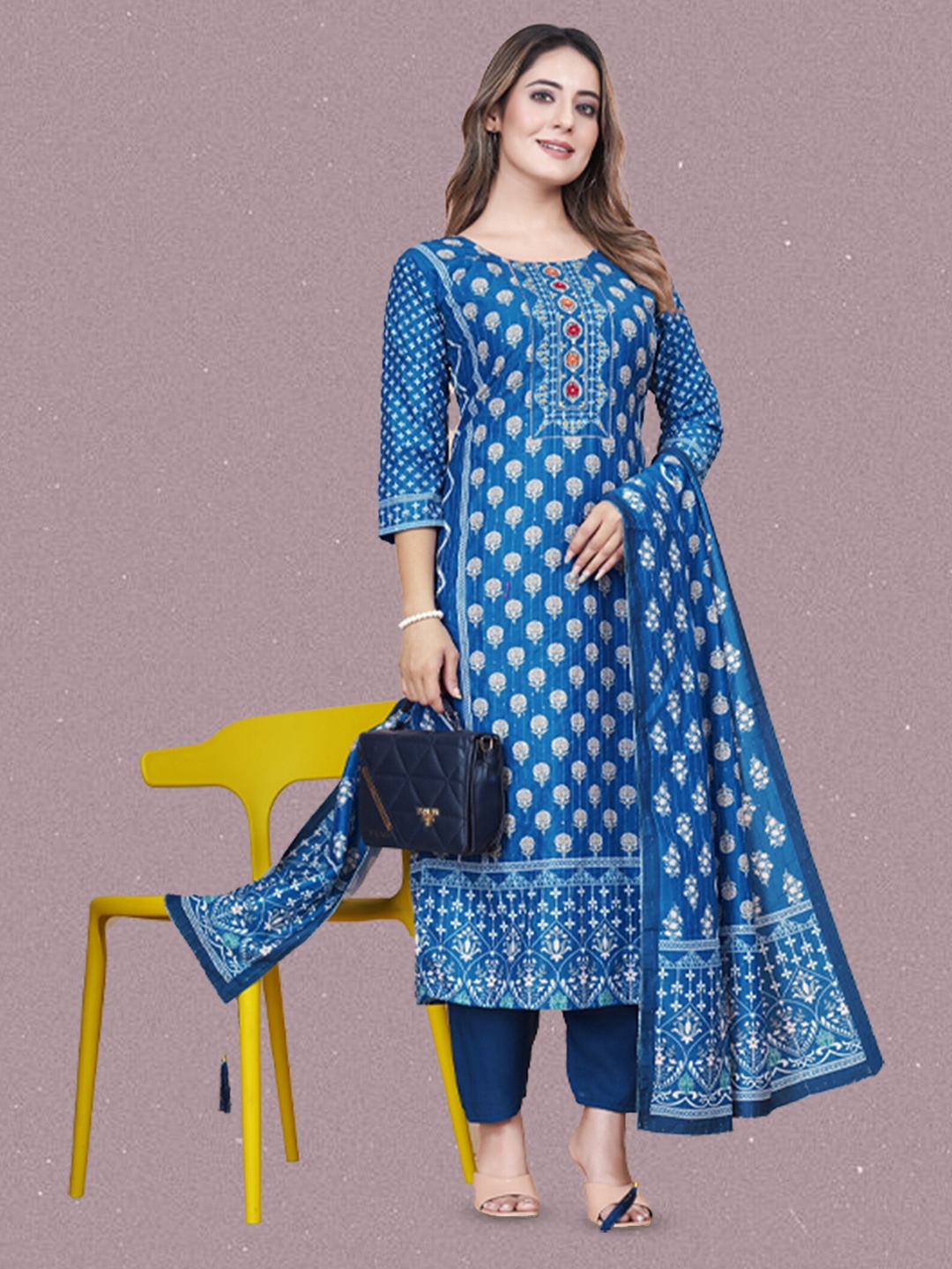 

N N ENTERPRISE Printed Thread Sequence Design Kurta With Trousers & Dupatta, Blue