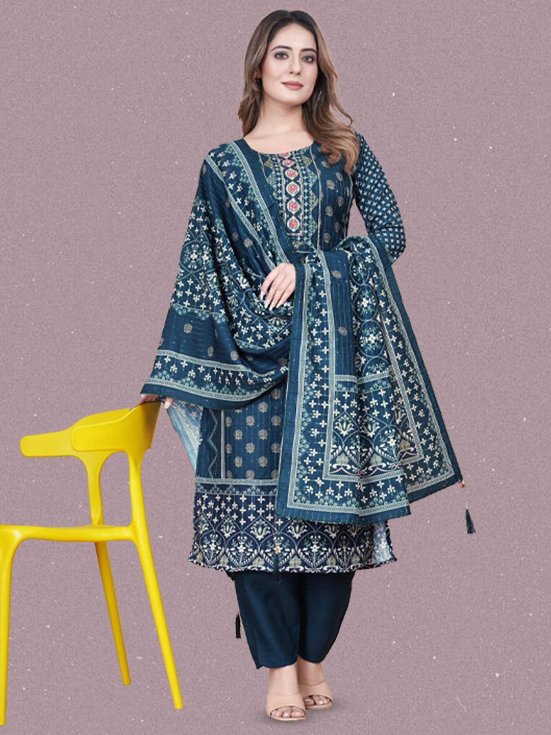 

N N ENTERPRISE Printed Thread Sequence Design Kurta With Trousers & Dupatta, Teal