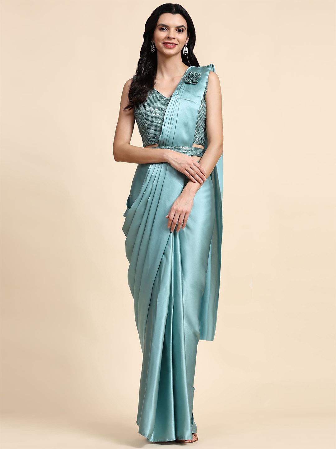 

AMOHA TRENDZ Ready To Wear Satin Saree With Belt, Blue