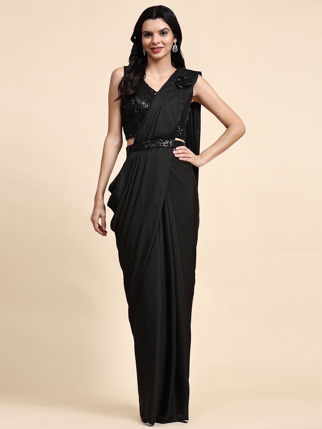 

AMOHA TRENDZ Sequinned Ready to Wear Saree With Belt, Black