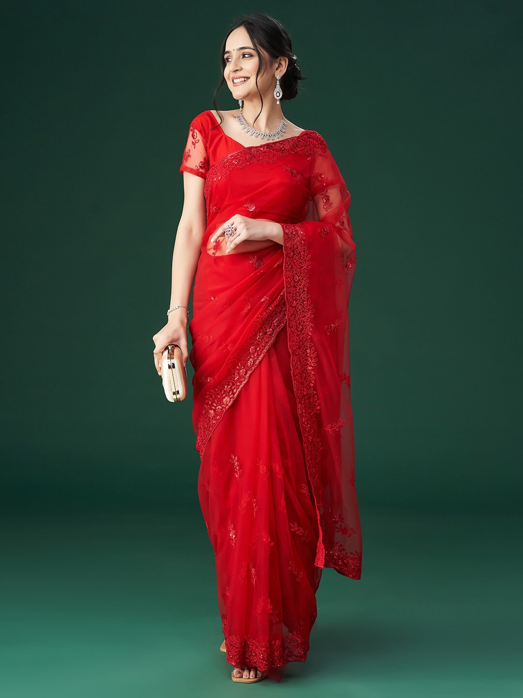 

kasee Embroidered Neted Sarees, Red