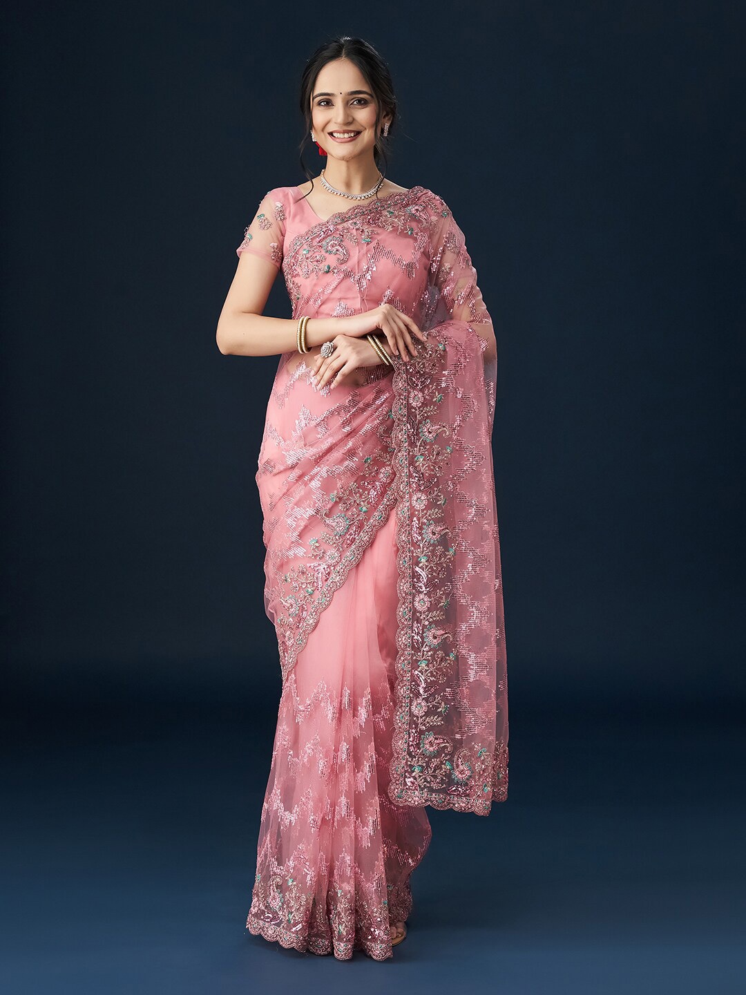 kasee Embellished Neted Sarees, Pink