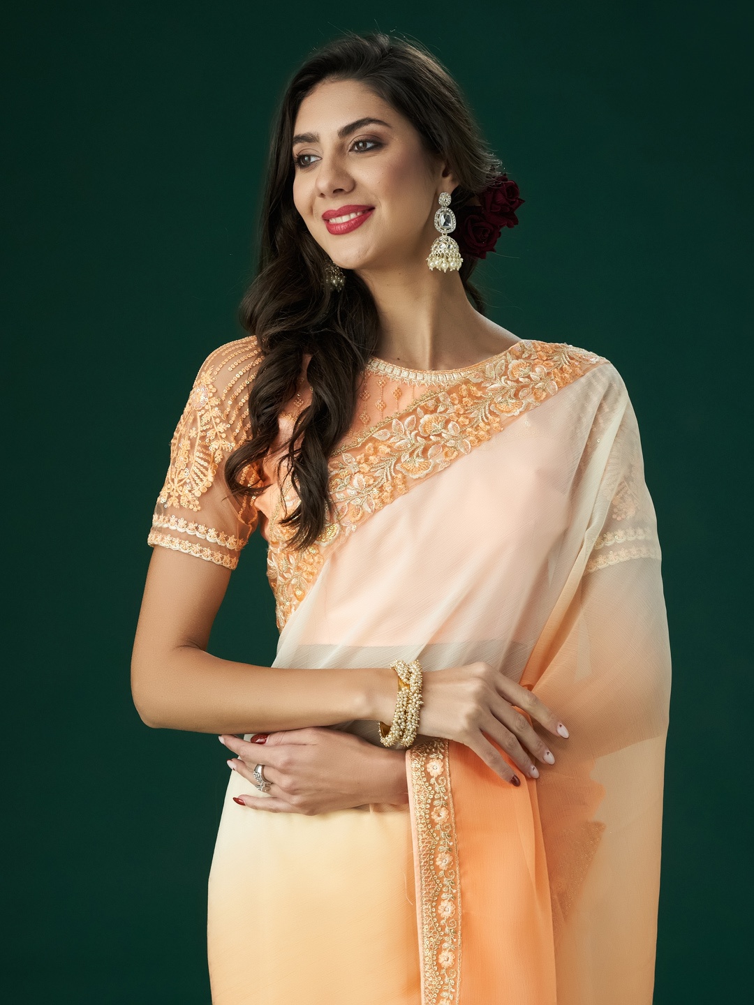 

kasee Embroidered Sequinned Saree, Peach