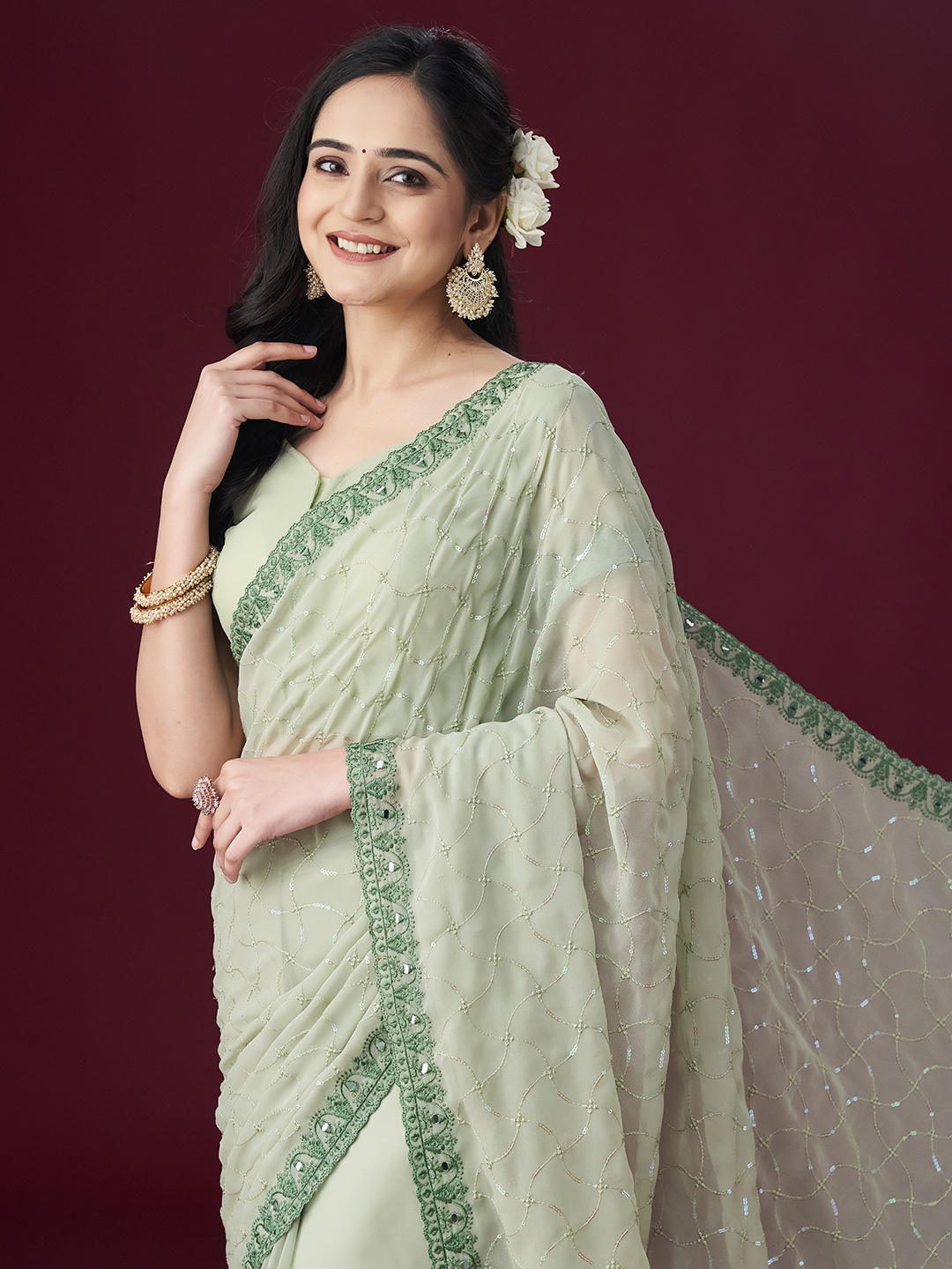 kasee Floral Embroidered Embellished Mirror Work Saree, Green