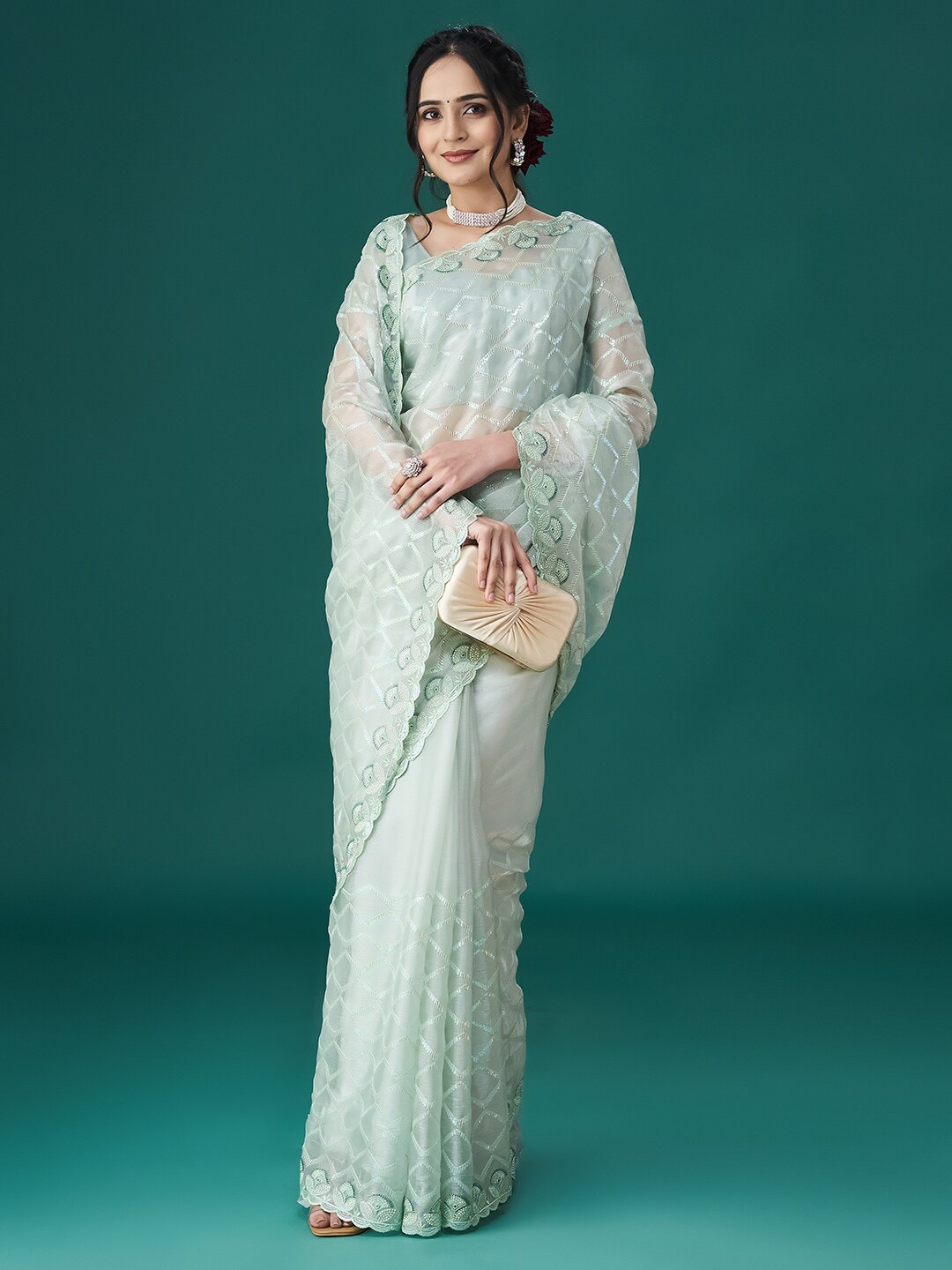 

kasee Geometric Embellished Embroidered Sarees, Sea green