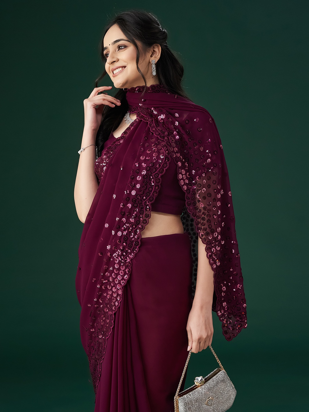 

kasee Floral Embellished Sequinned Sarees, Burgundy