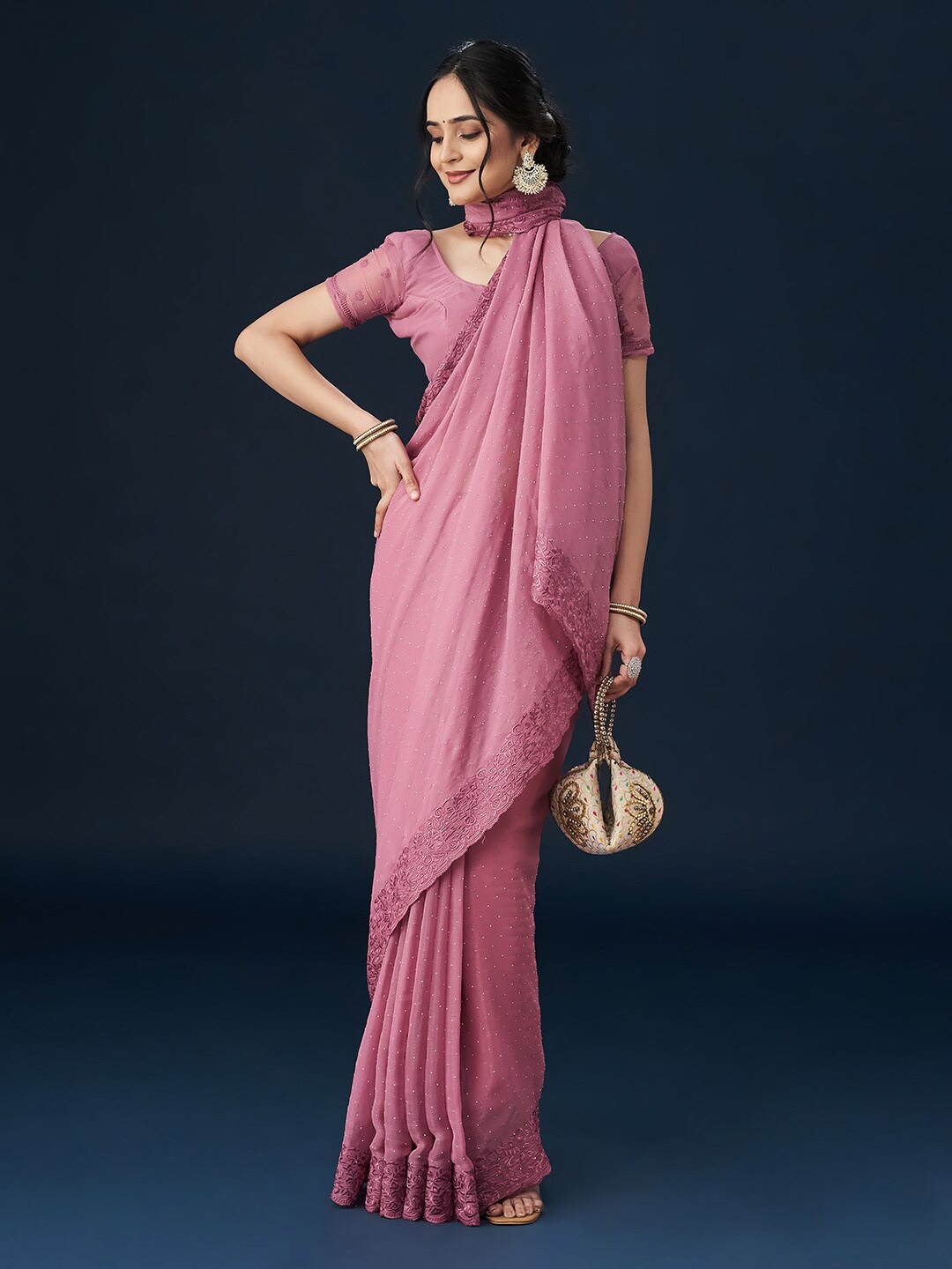 

kasee Embroidered Beads and Stones Border Saree, Pink