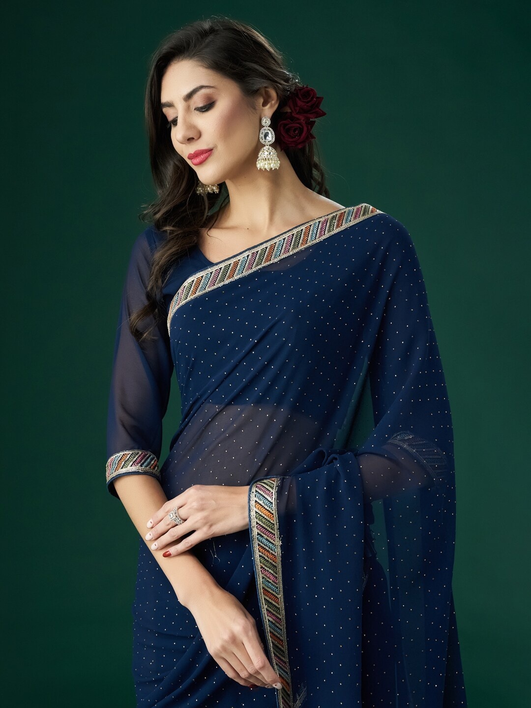 

kasee Polka Dots Embroidered Zari Saree, Blue