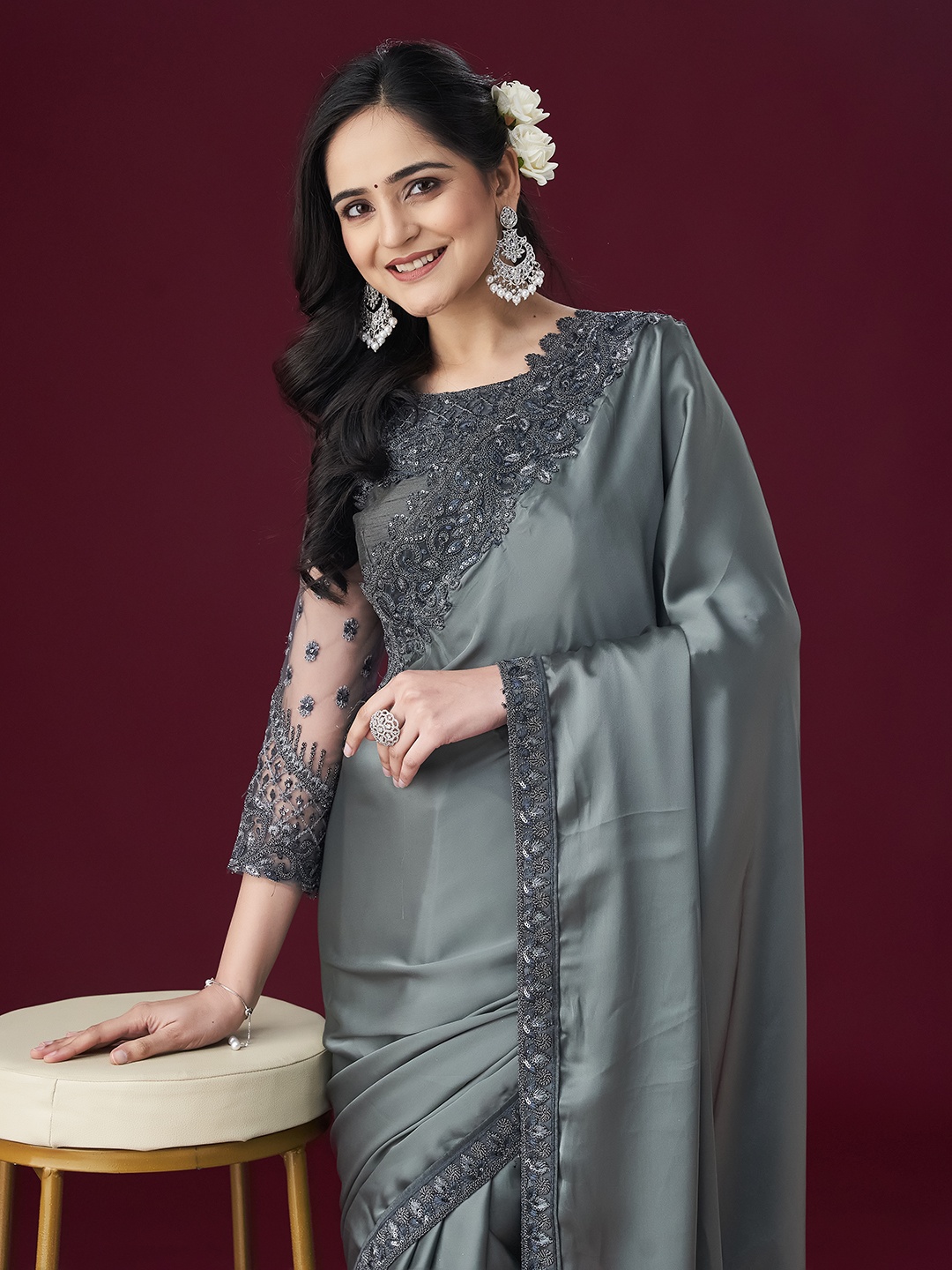 

kasee Ethnic Embroidered Sarees, Grey