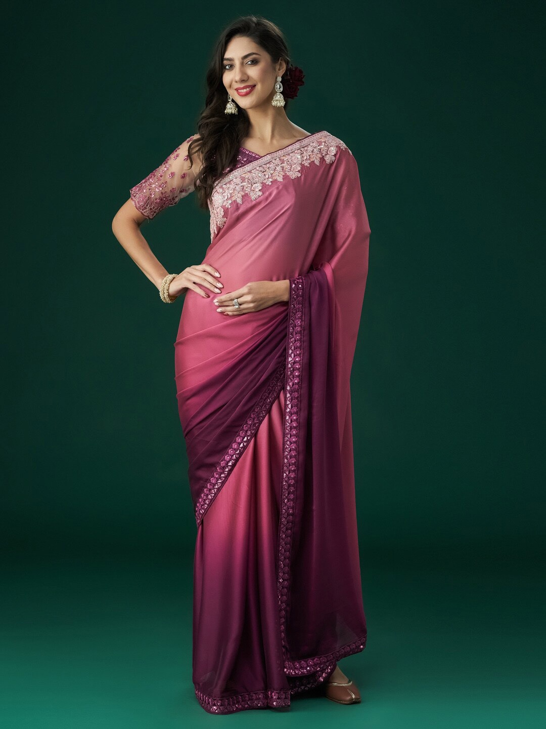 

kasee Ombre Embroidered Sequinned Saree, Burgundy