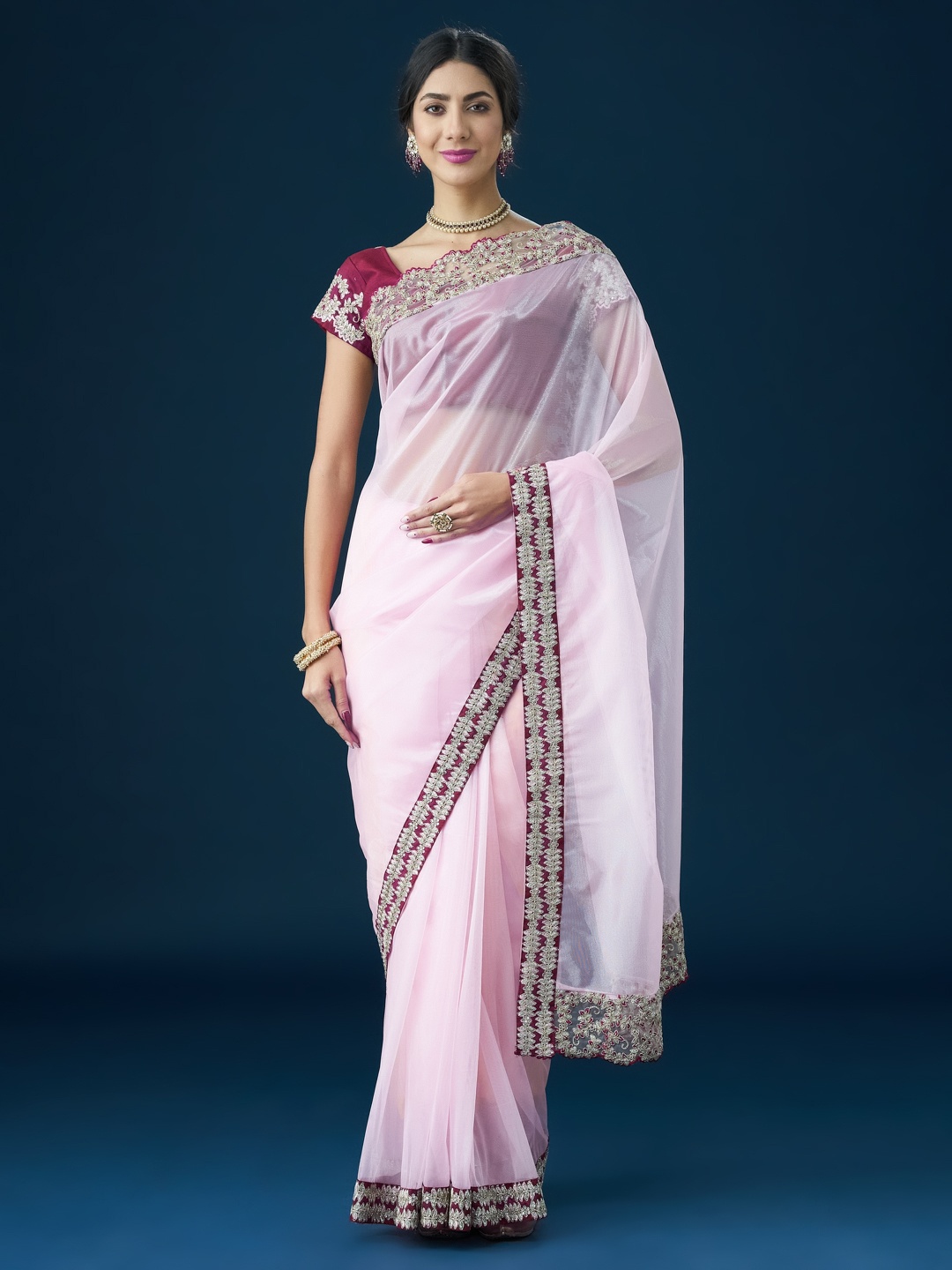 

kasee Floral Embroidered Organza Sarees, Pink