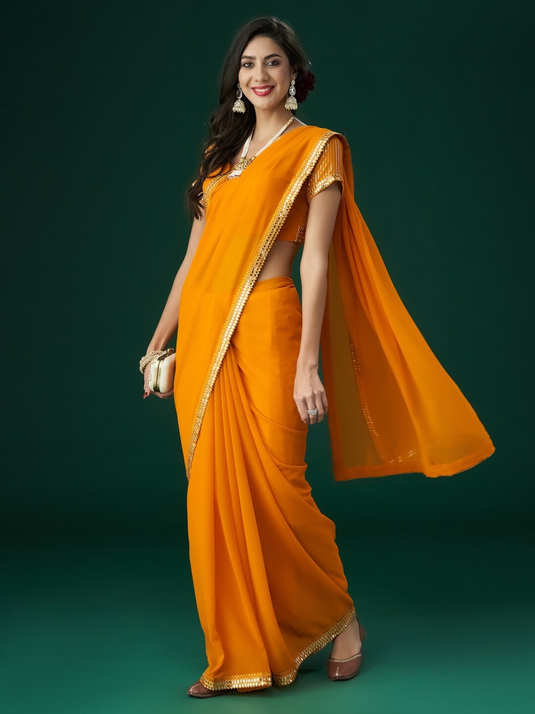 kasee Embellished Mirror Work Sarees, Mustard