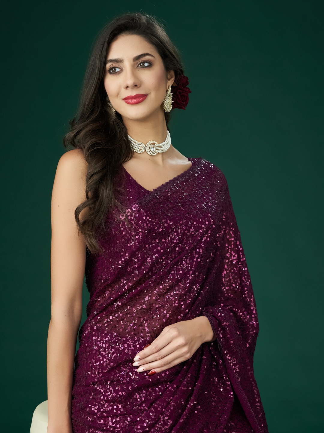 

kasee Embellished Sequinned Saree, Burgundy