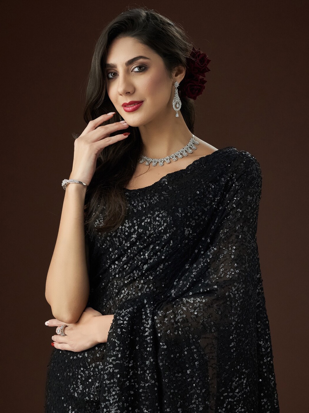 

kasee Embellished Sequinned Sarees, Black