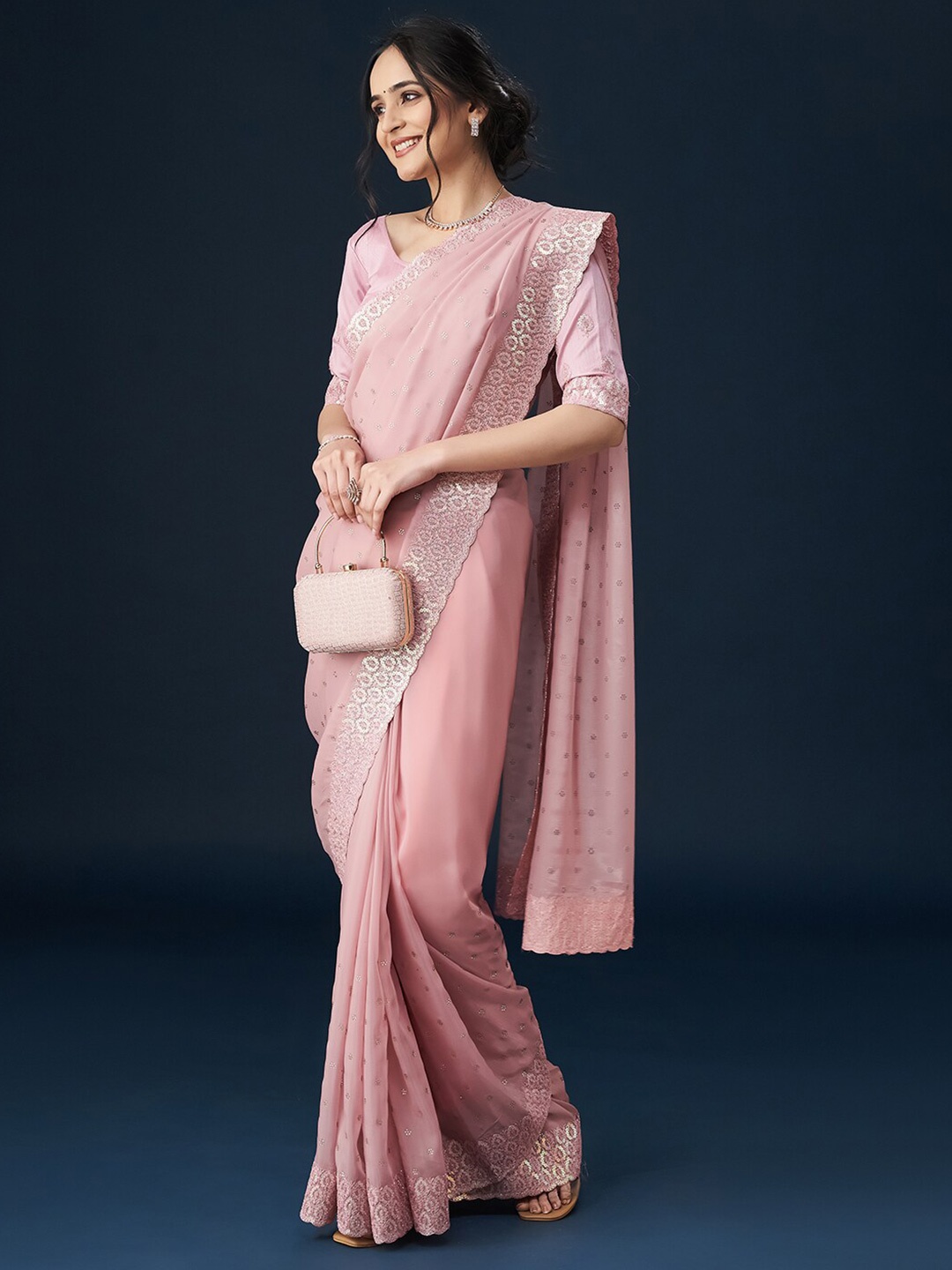 

kasee Embellished Embroidered Organza Sequinned Saree, Pink