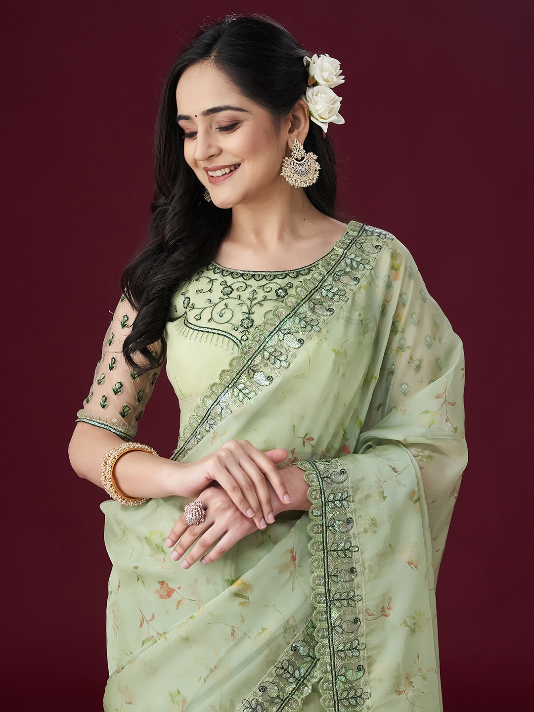 

kasee Embellished Floral Sarees, Green