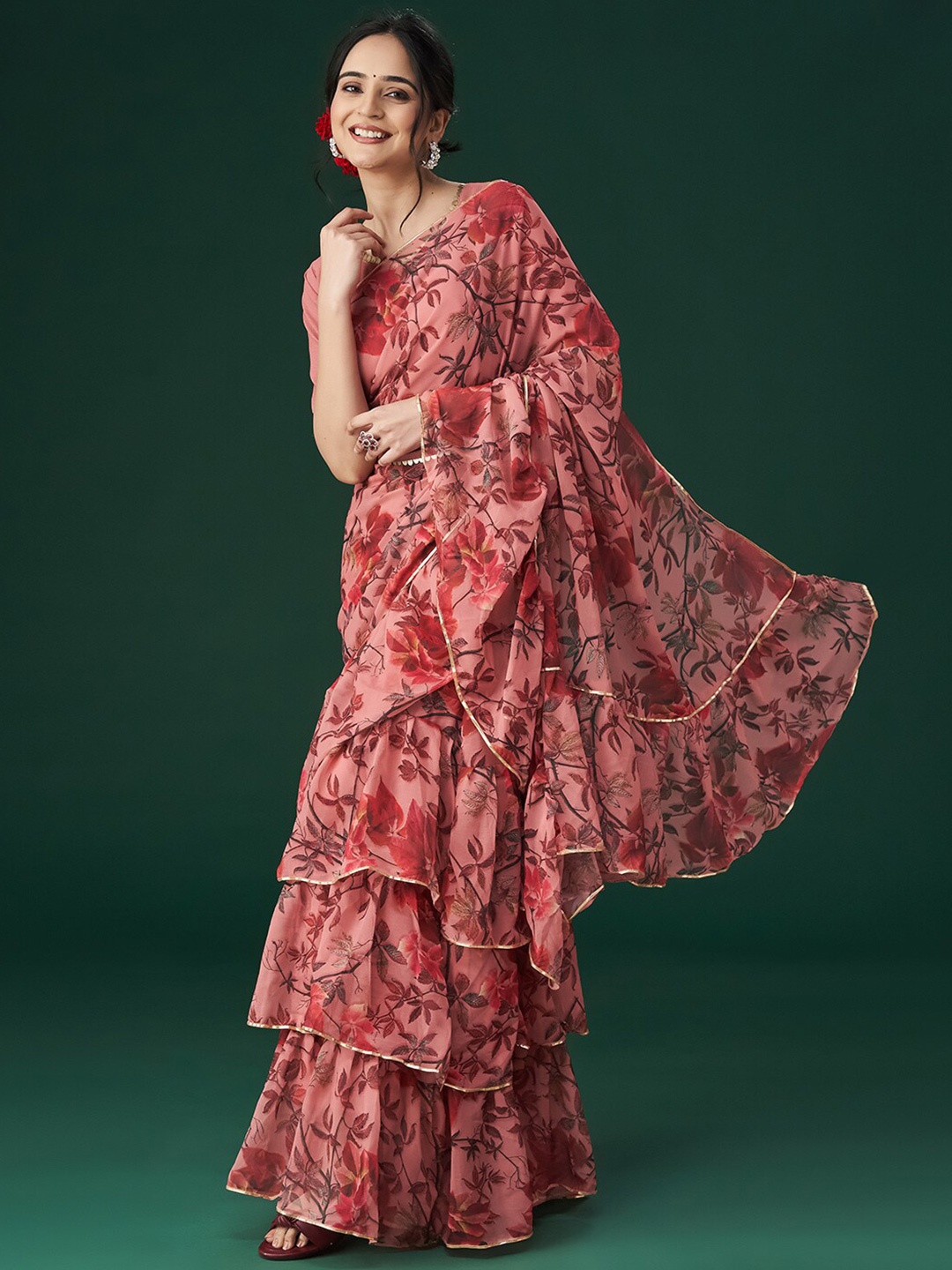 

kasee Floral Printed Gotta Patti Saree, Peach