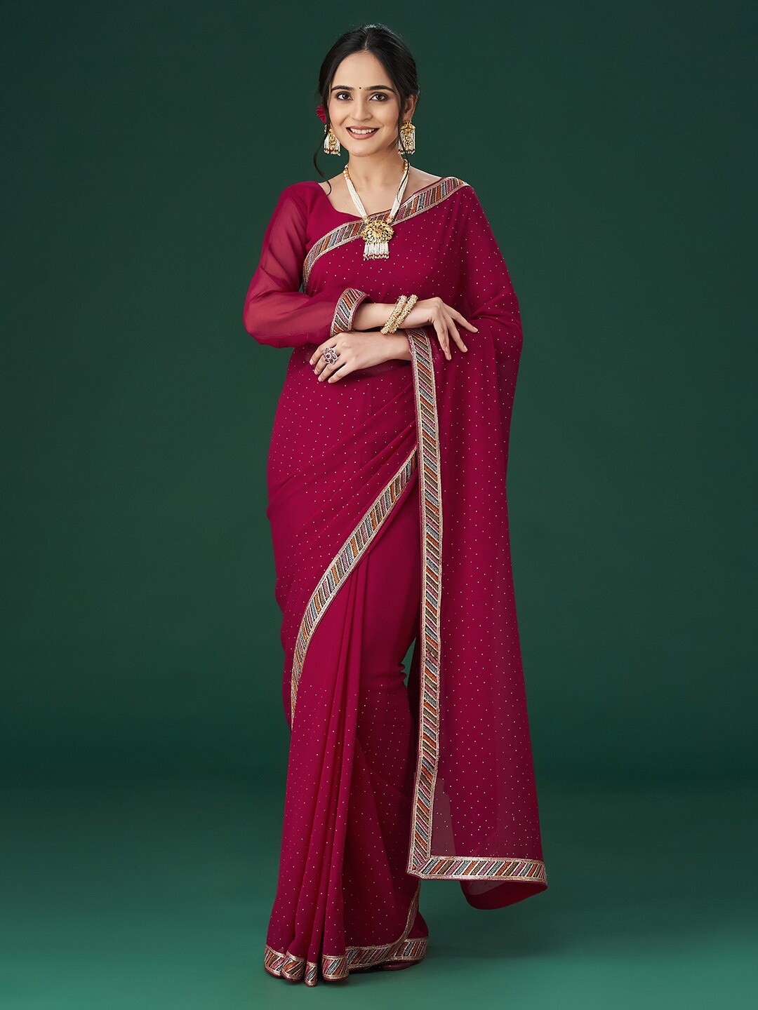 

kasee Embellished Beads and Stones Sarees, Red