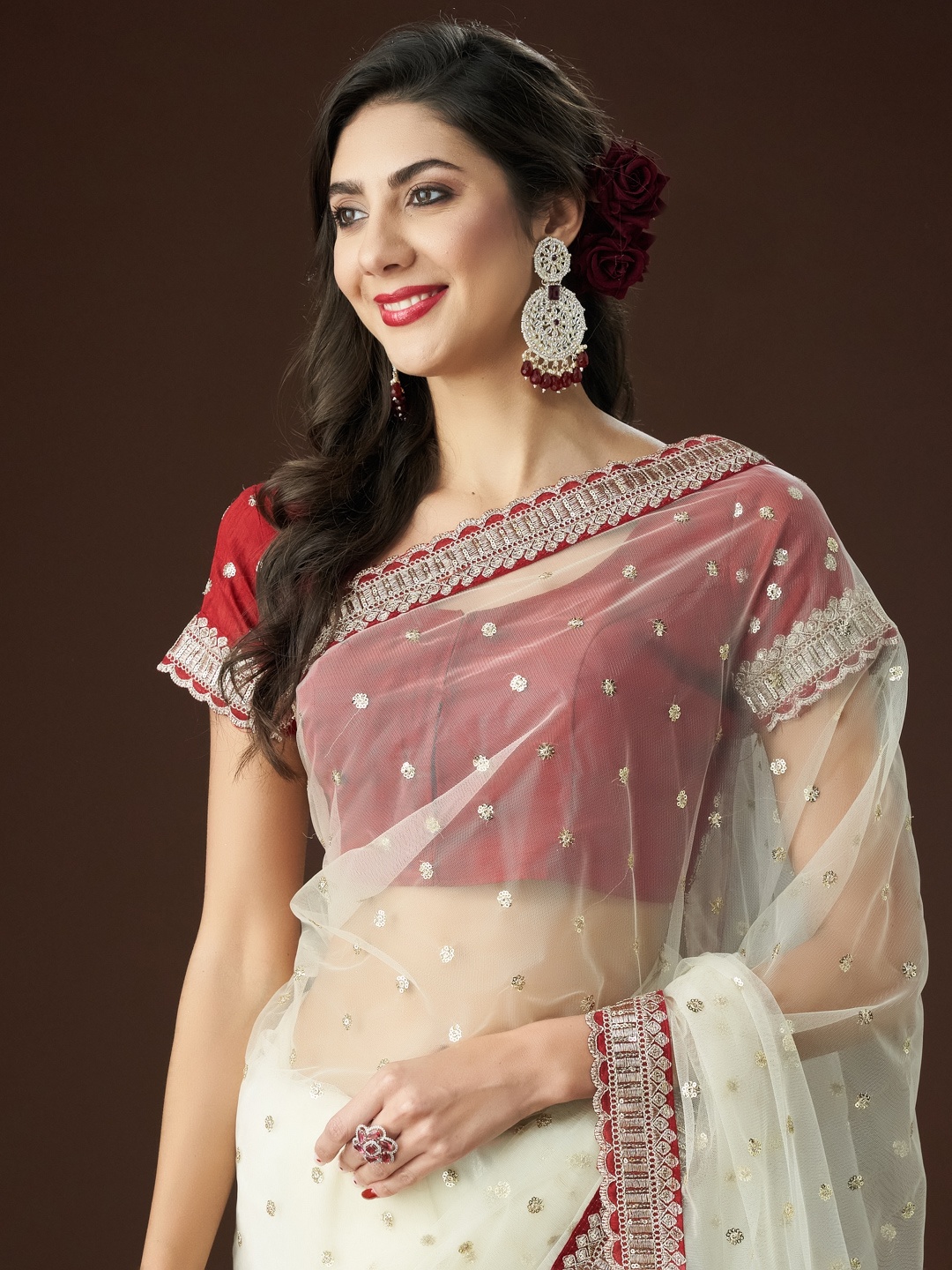 

kasee Sequin Embellished Net Saree, Beige