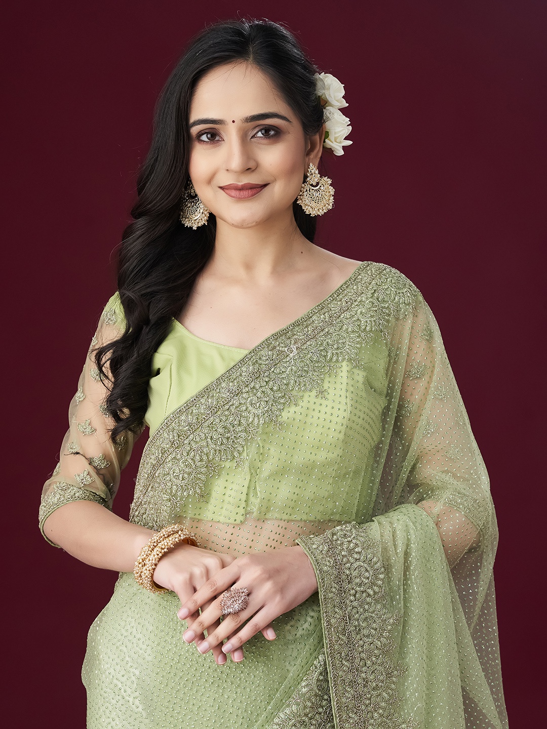 

kasee Ethnic Motifs Embellished Net Sarees, Green