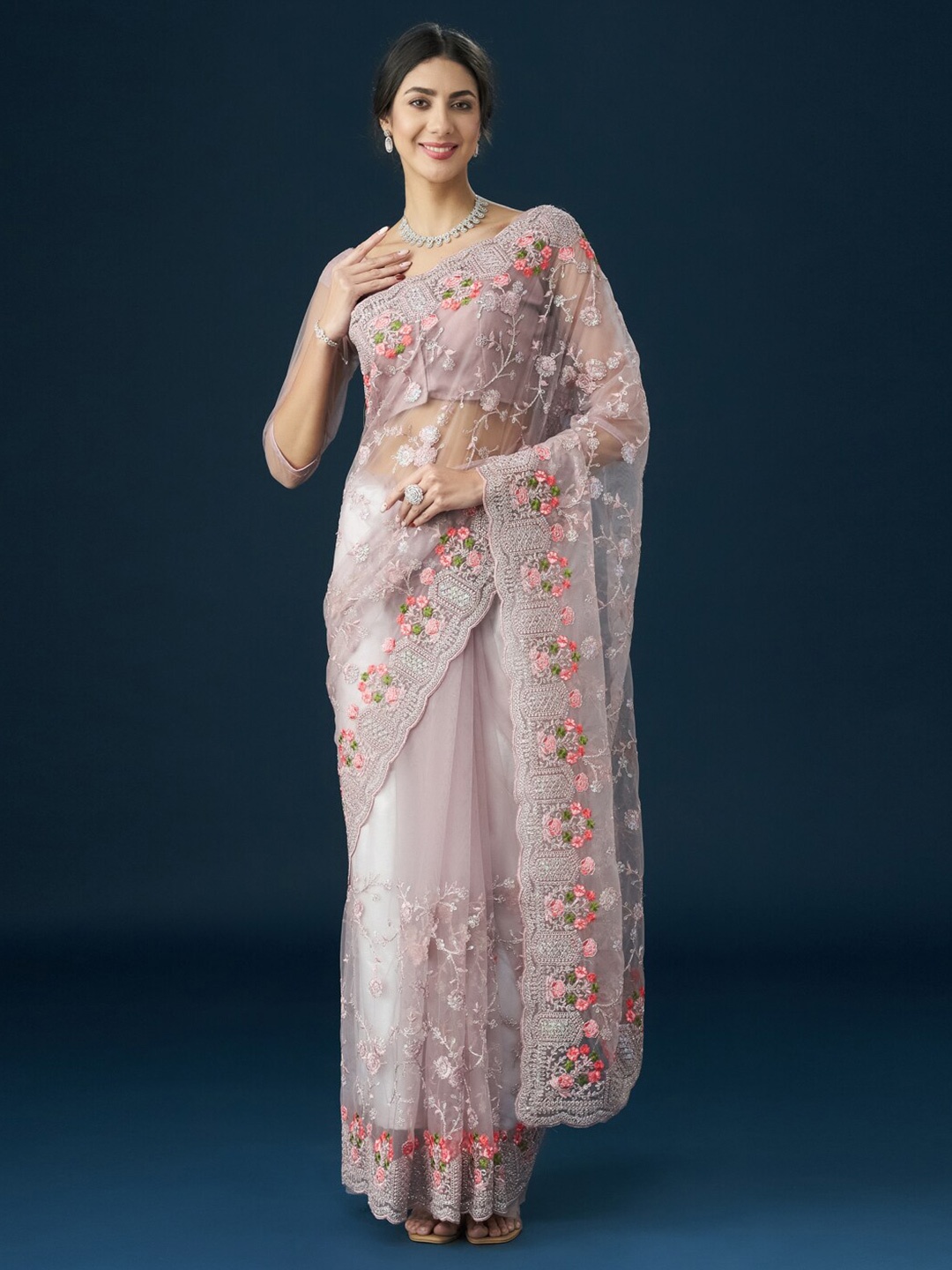 kasee Floral Embroidered Net Saree, Lavender