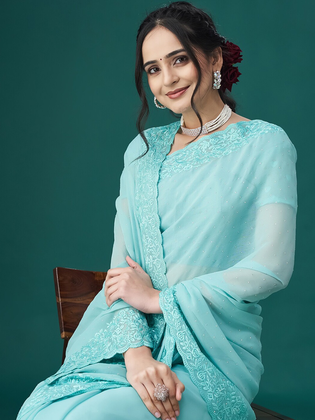 

kasee Ethnic Motifs Embroidered Embellished Saree, Blue