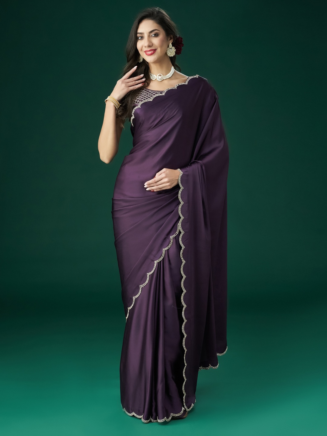 

kasee Embellished Beads and Stones Satin Sarees, Burgundy