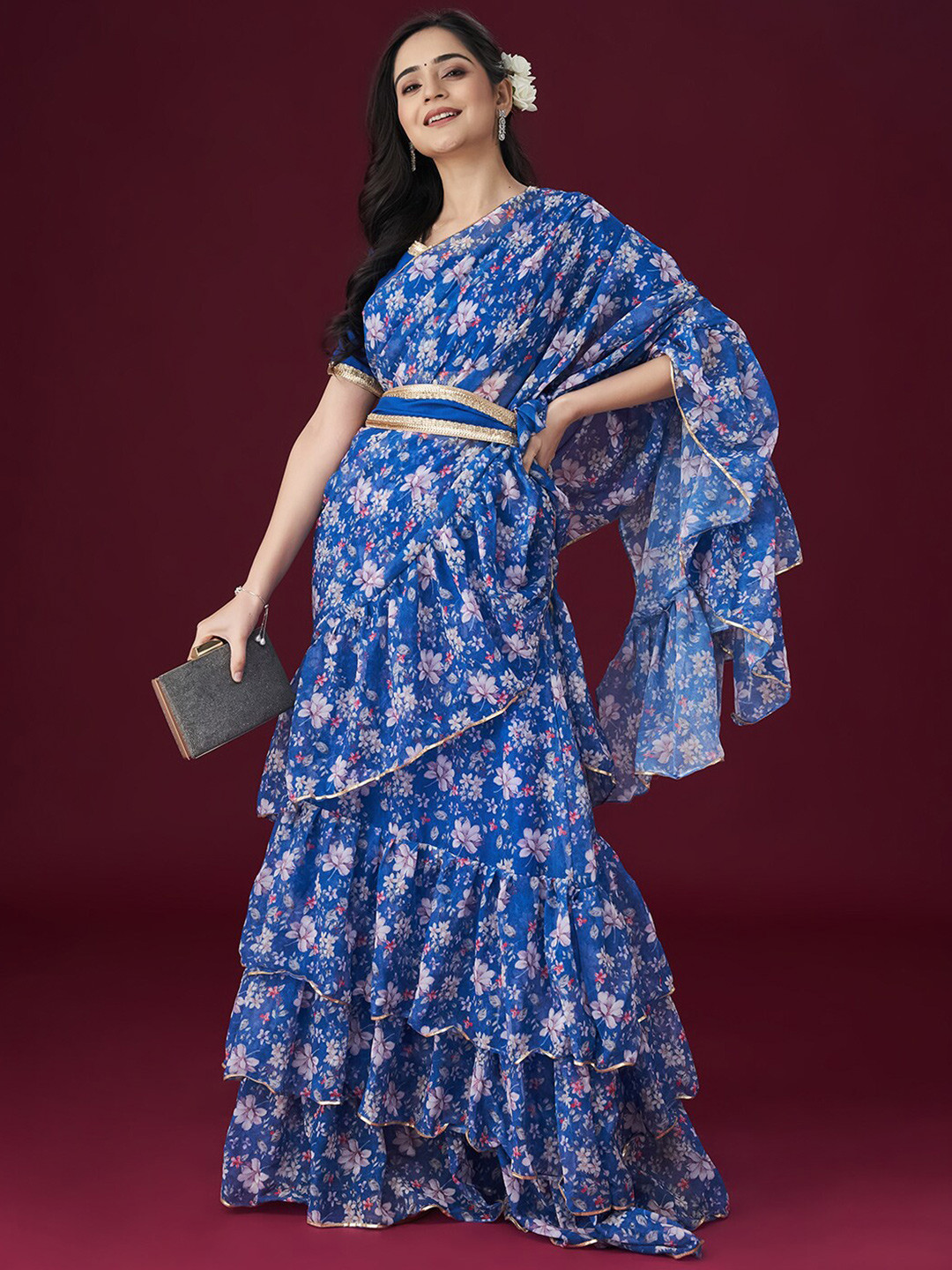 

kasee Floral Printed Gotta Patti Embellished Saree, Blue