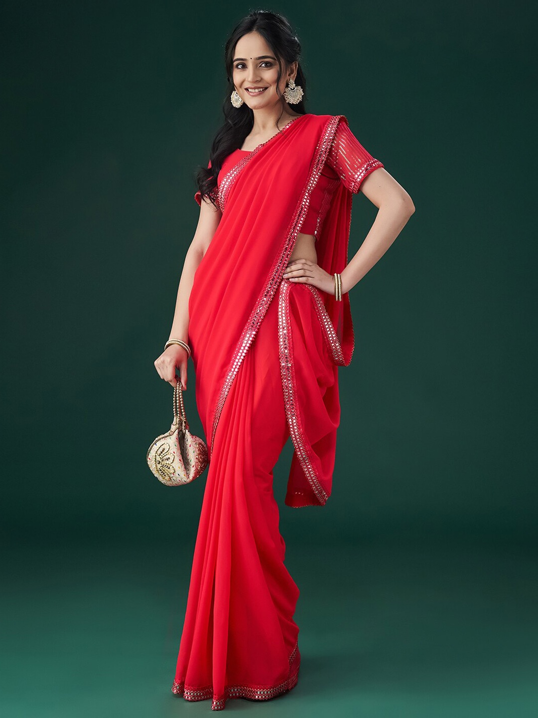 

kasee Embroidered Mirror Work Saree, Pink
