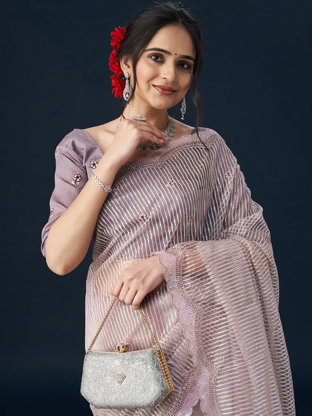 

kasee Embroidered Net Saree, Lavender