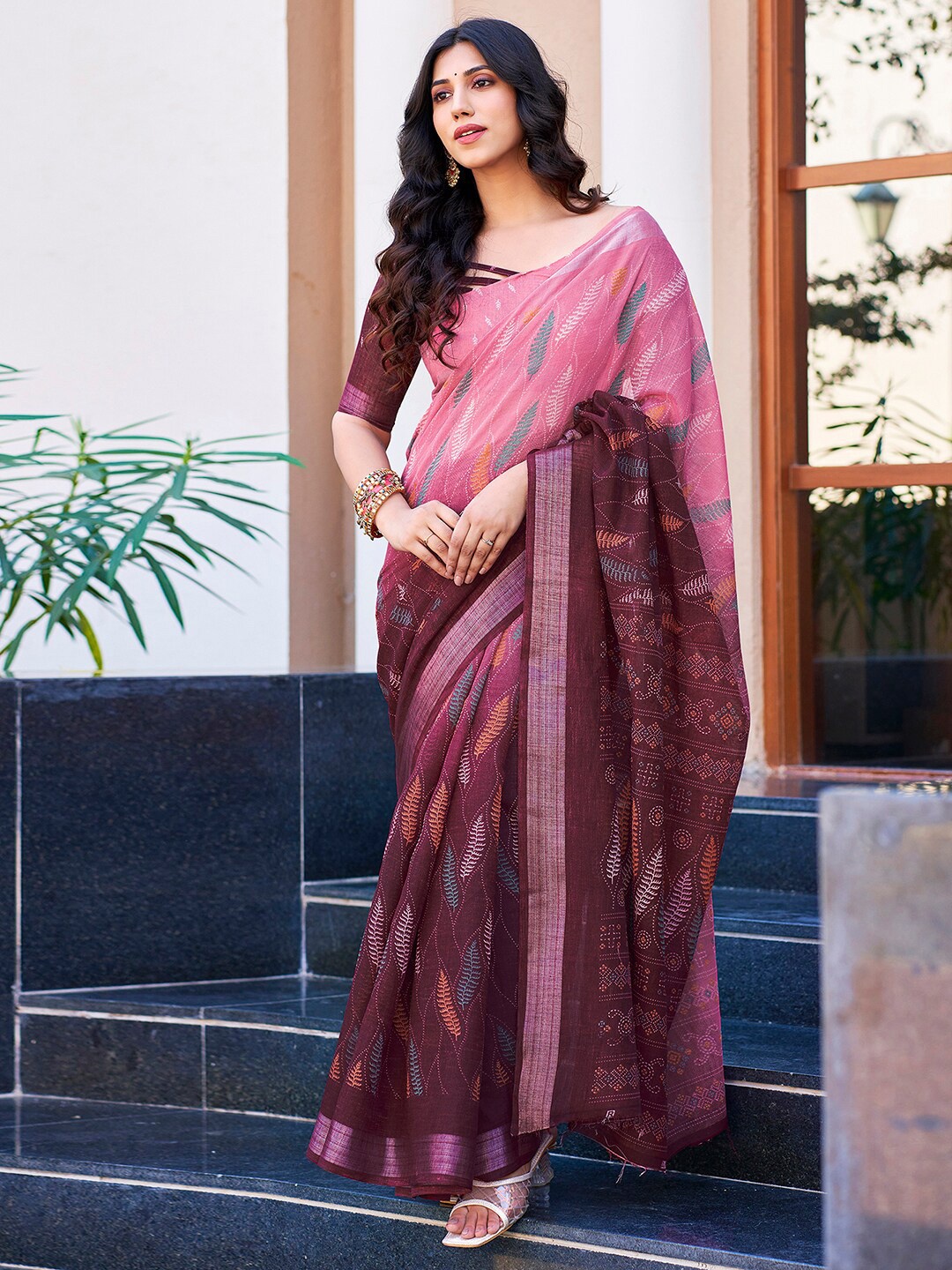

KALINI Floral Printed Zari Sarees, Pink