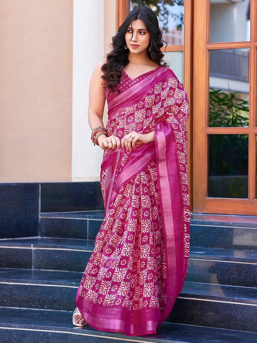 

KALINI Ethnic Motifs Printed Zari Sarees, Pink