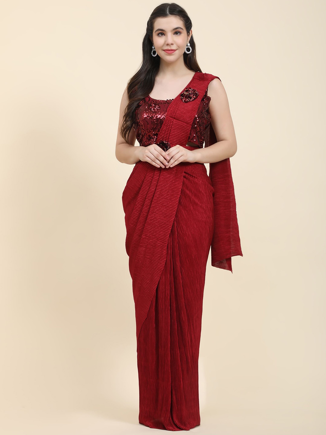 

AMOHA TRENDZ Sequinned Ready To Wear Saree With Belt, Maroon