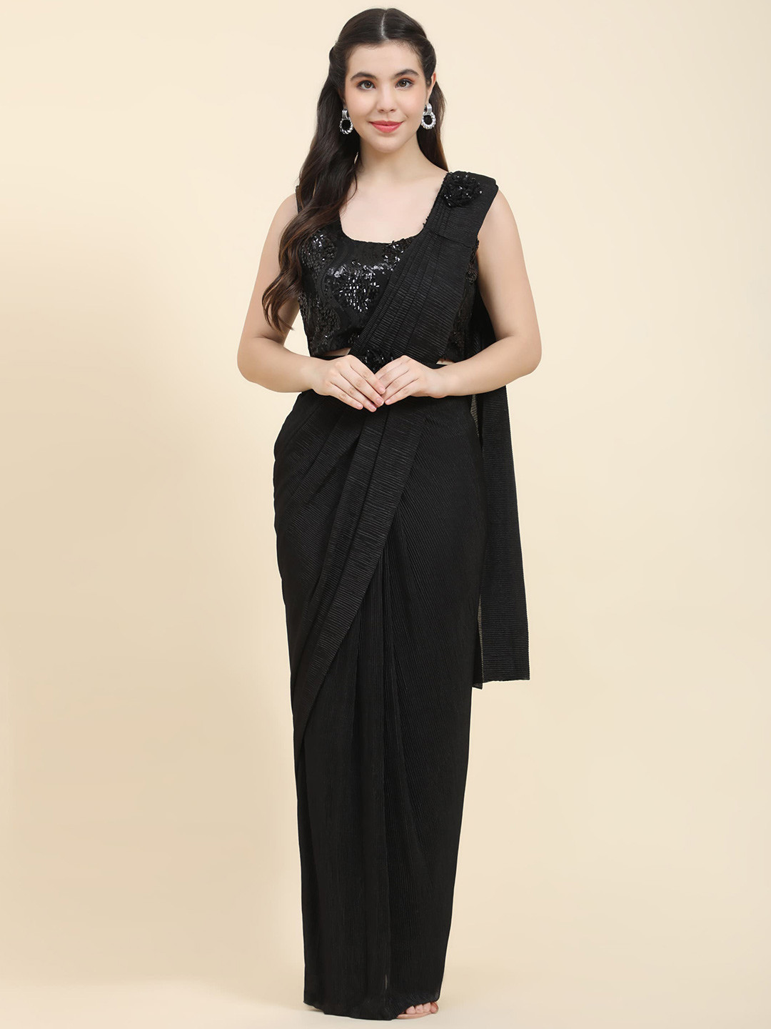 

AMOHA TRENDZ Sequinned Ready to Wear Saree With Belt, Black