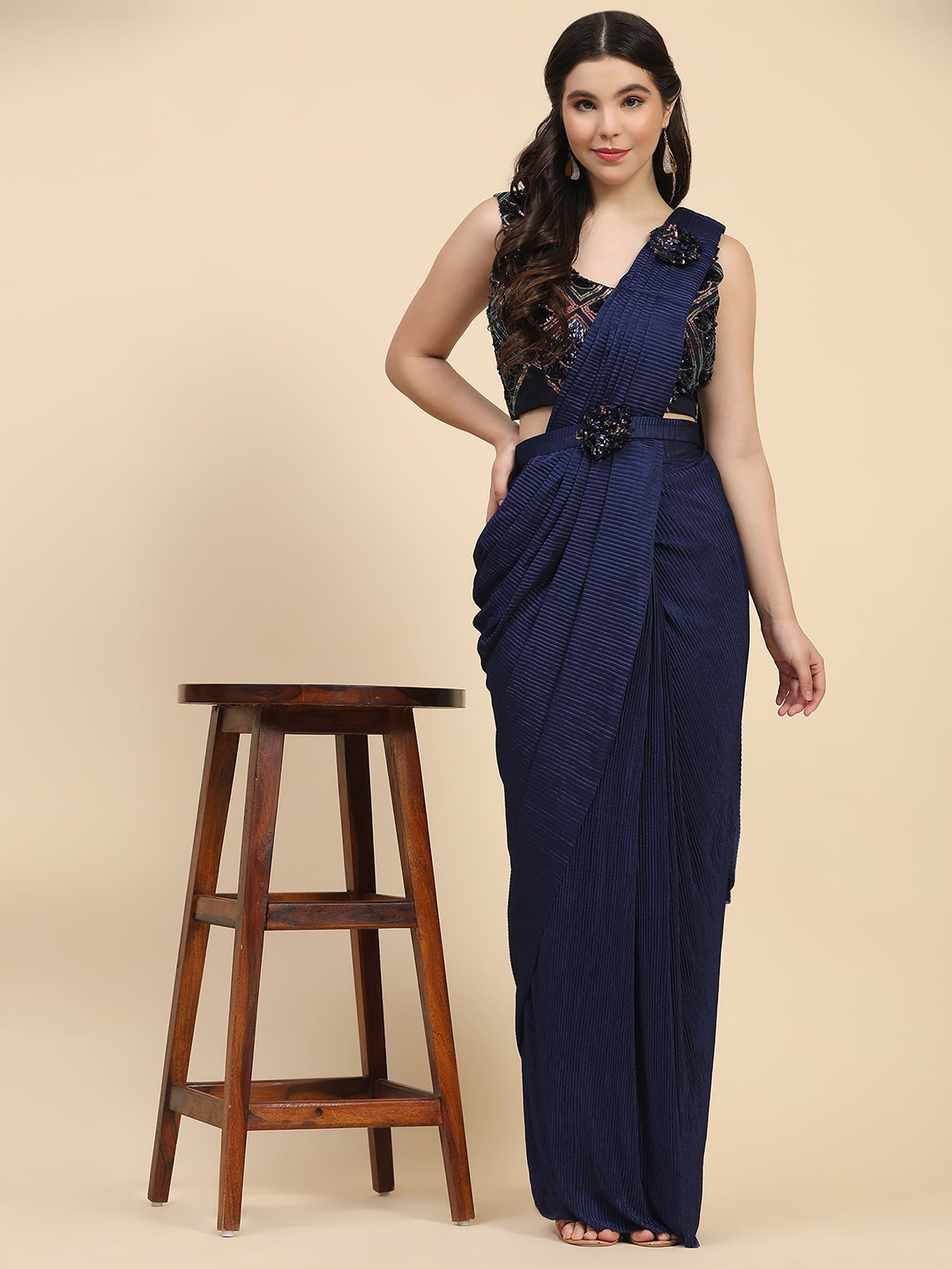 

AMOHA TRENDZ Pre-drapped Ready to wear Saree with Sequined Blouse, Blue