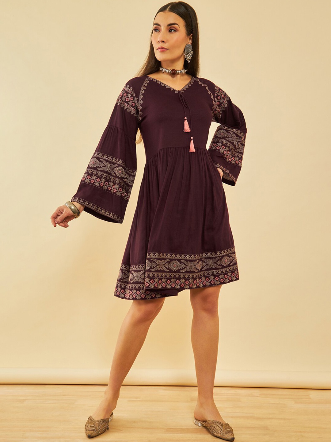 Soch Floral Embroidered V-Neck A-Line Dress, Maroon