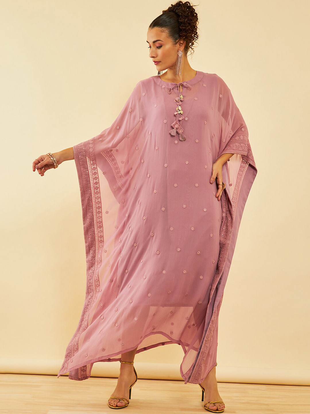 

Soch Tie-Up Neck Floral Embroidered Georgette Kaftan Maxi Dress, Purple