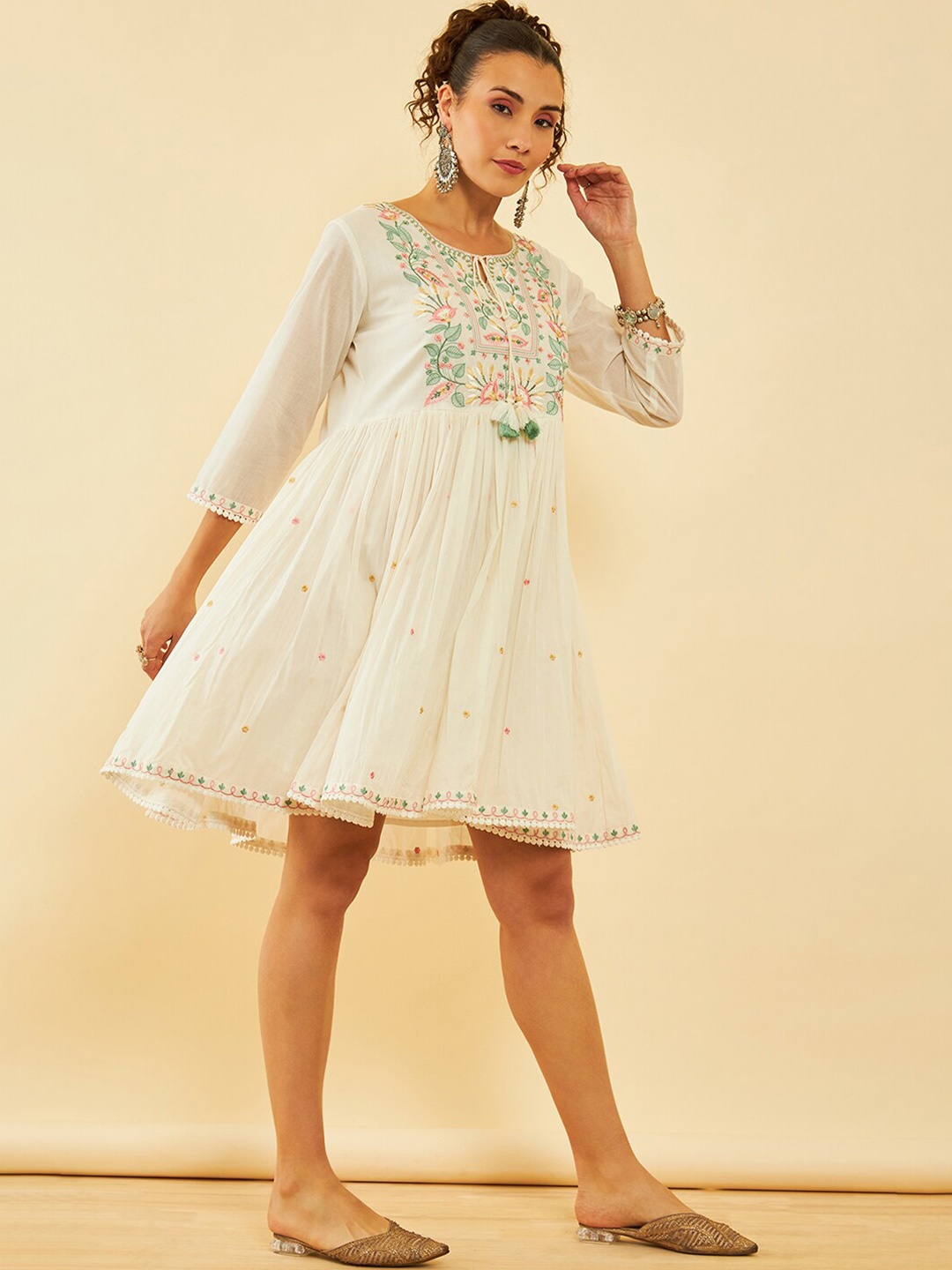 

Soch Floral Embroidered Round Neck A-Line Dress, White