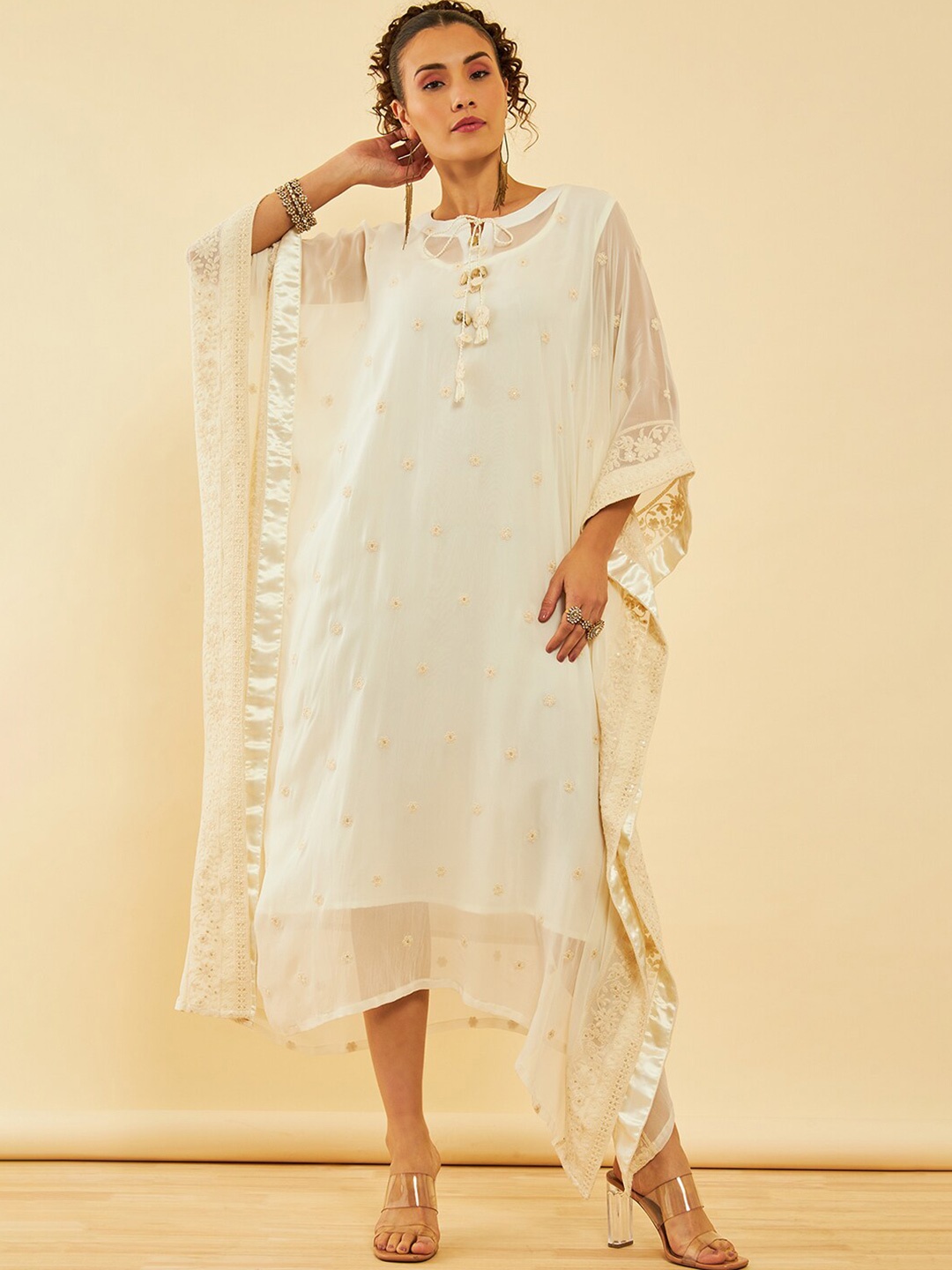 Soch Floral Embroidered Tie-Up Neck Georgette Kaftan Midi Dress, Off white