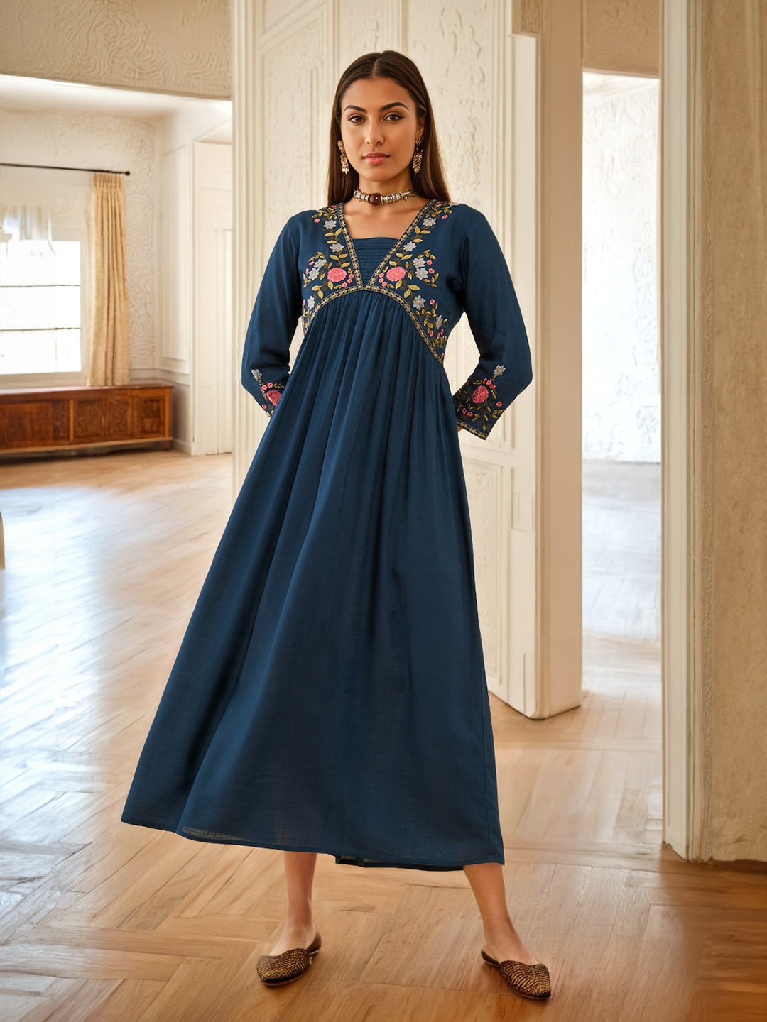 

Soch Floral Embroidered V-Neck Maxi Dress, Blue