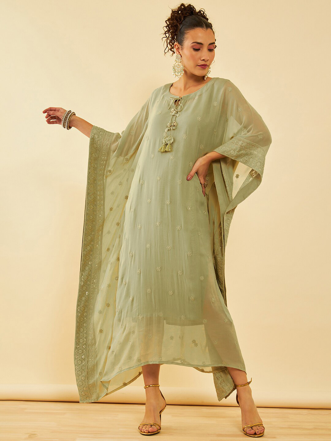

Soch Floral Embroidered Georgette A-Line Maxi Dress, Olive